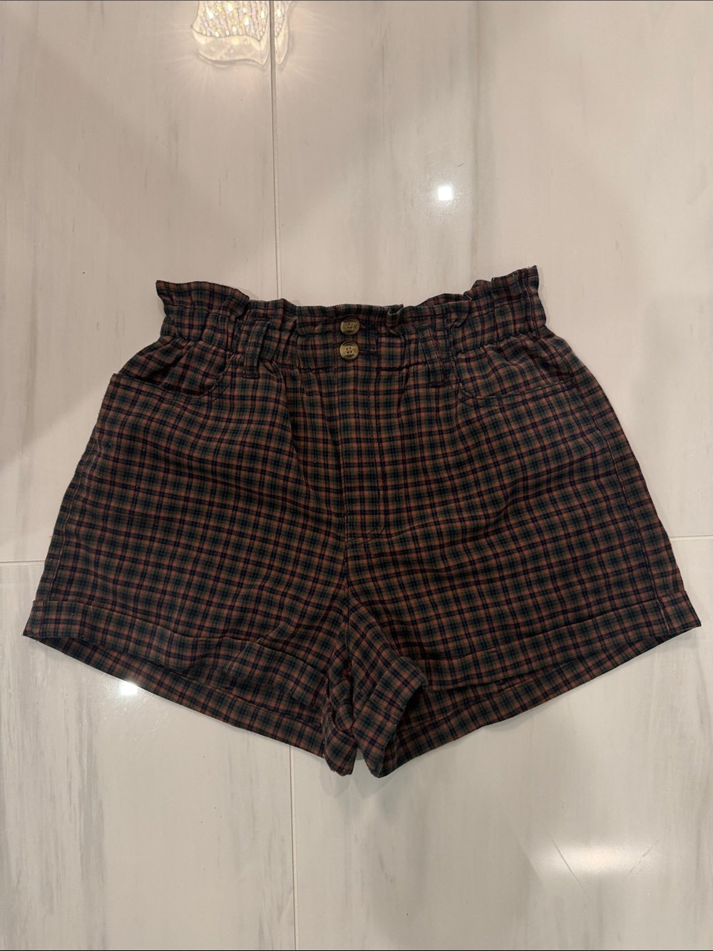 Plaid Paperbag Waist Women’s Shorts - Green/Brown